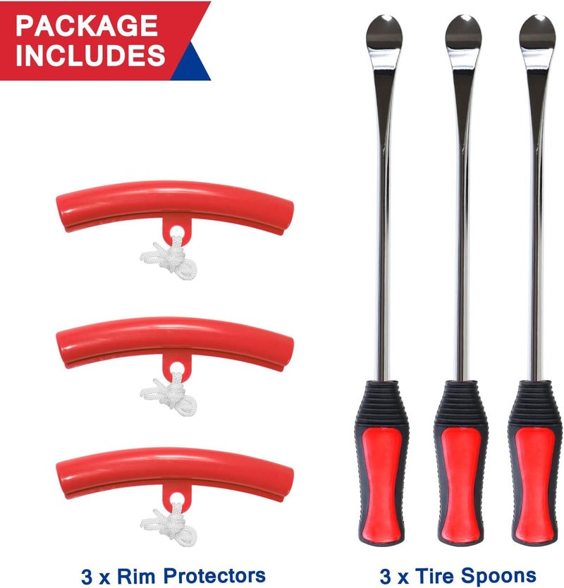 HOOUP 14.6” Dirt Bike Steel Tire Spoons Tool Set for Lawnmower Motorcycle Bicycle ATV Mini Bike Garden Tractor Tires 26pcs Tire Changer Tool with Tire Spoons Rim Protector Valve Stems Cap Cores Red - Image 5
